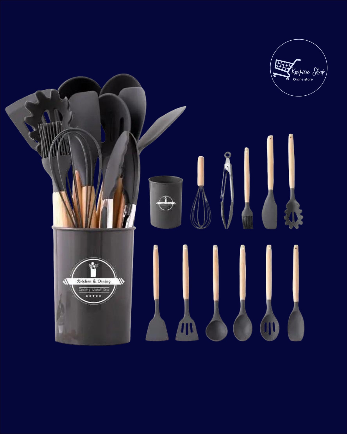 Komplet silikonskog kuhinjskog pribora - 12 komada sa stalkom