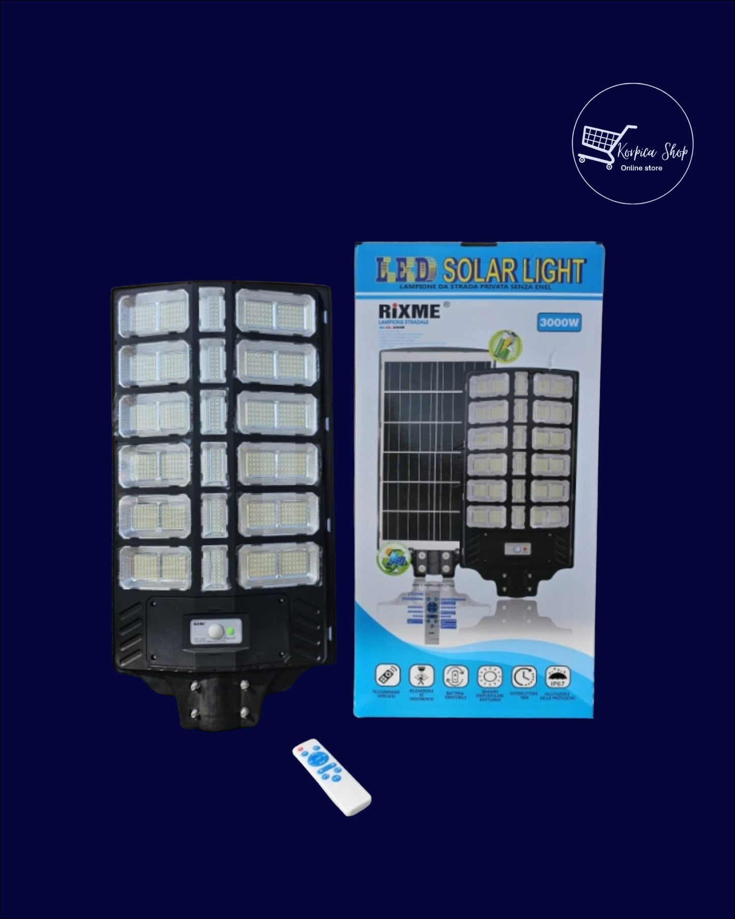 RiXME LED Solarno svjetlo 3000W - Ulična solarna lampa sa daljinskim upravljačem