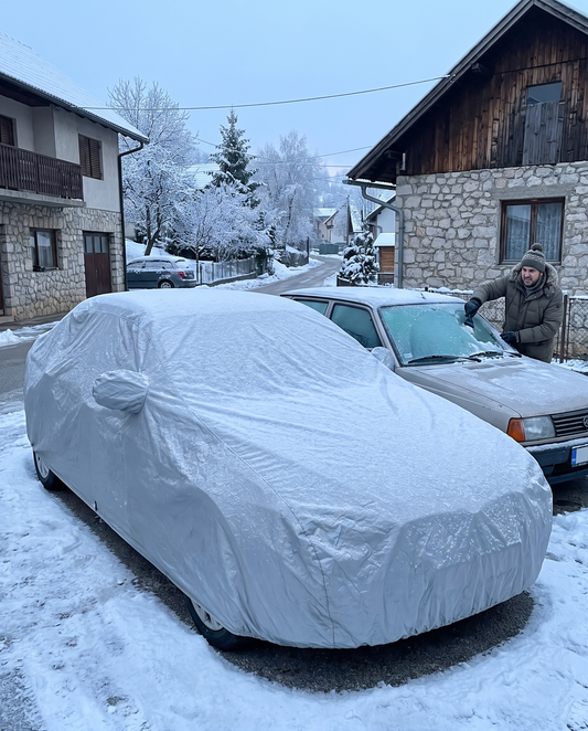 Auto pod ceradom bez snijega i leda, pored njega komšija struže šajbu