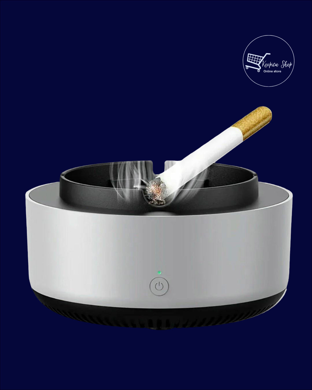 Srebrna električna pepeljara sa upaljenom cigaretom koja uvlači dim