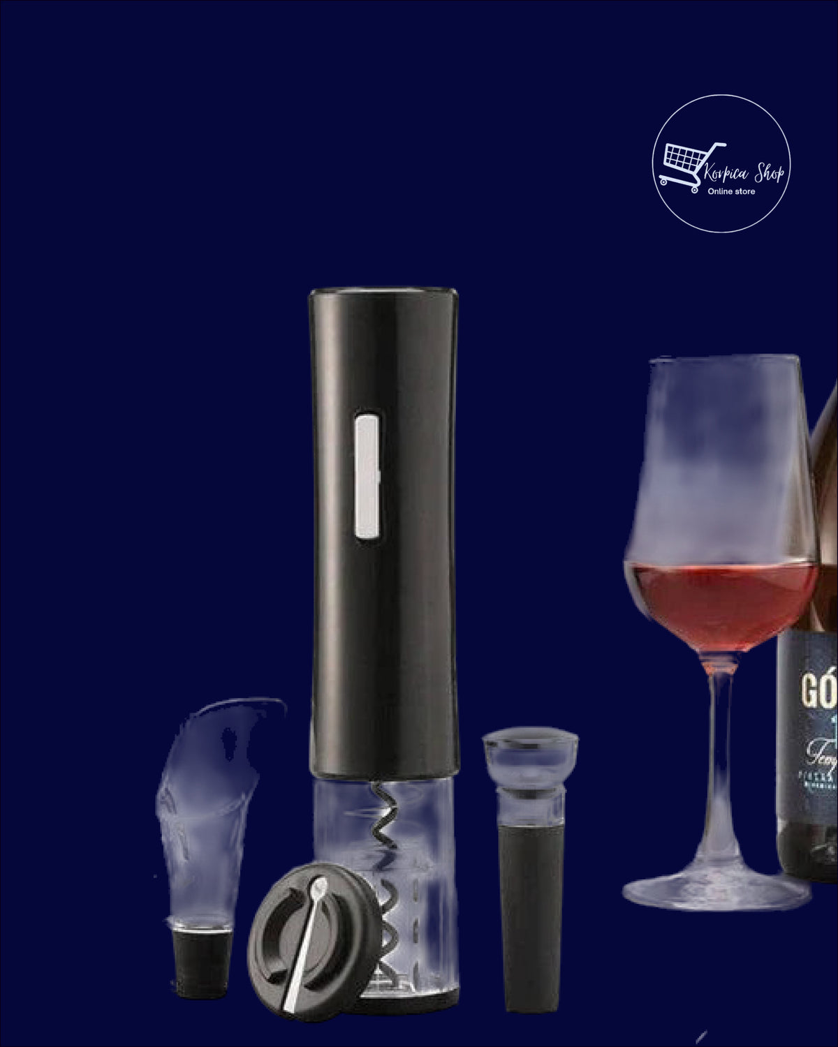 Električni set za vino: otvarač, rezač folije, čep i izljevnik
