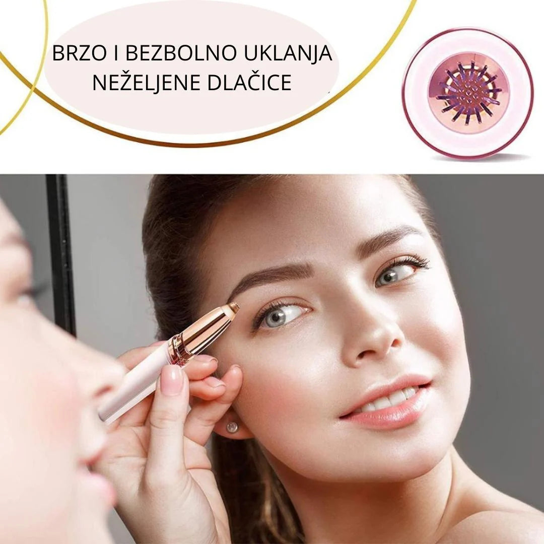 Žena oblikuje obrvu epilatorom ispred ogledala