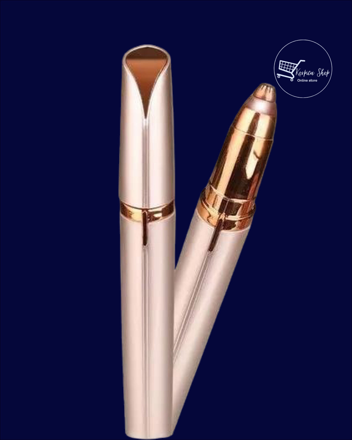 Epilator za obrve u rose gold boji, sa poklopcem i bez njega