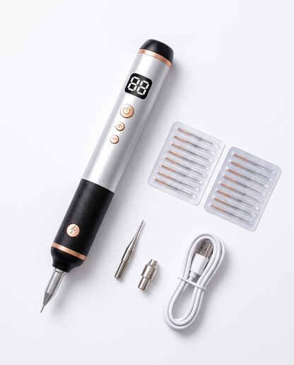 Sadržaj paketa: plasma pen, fine zamjenske iglice, gruba iglica i USB kabl za punjenje