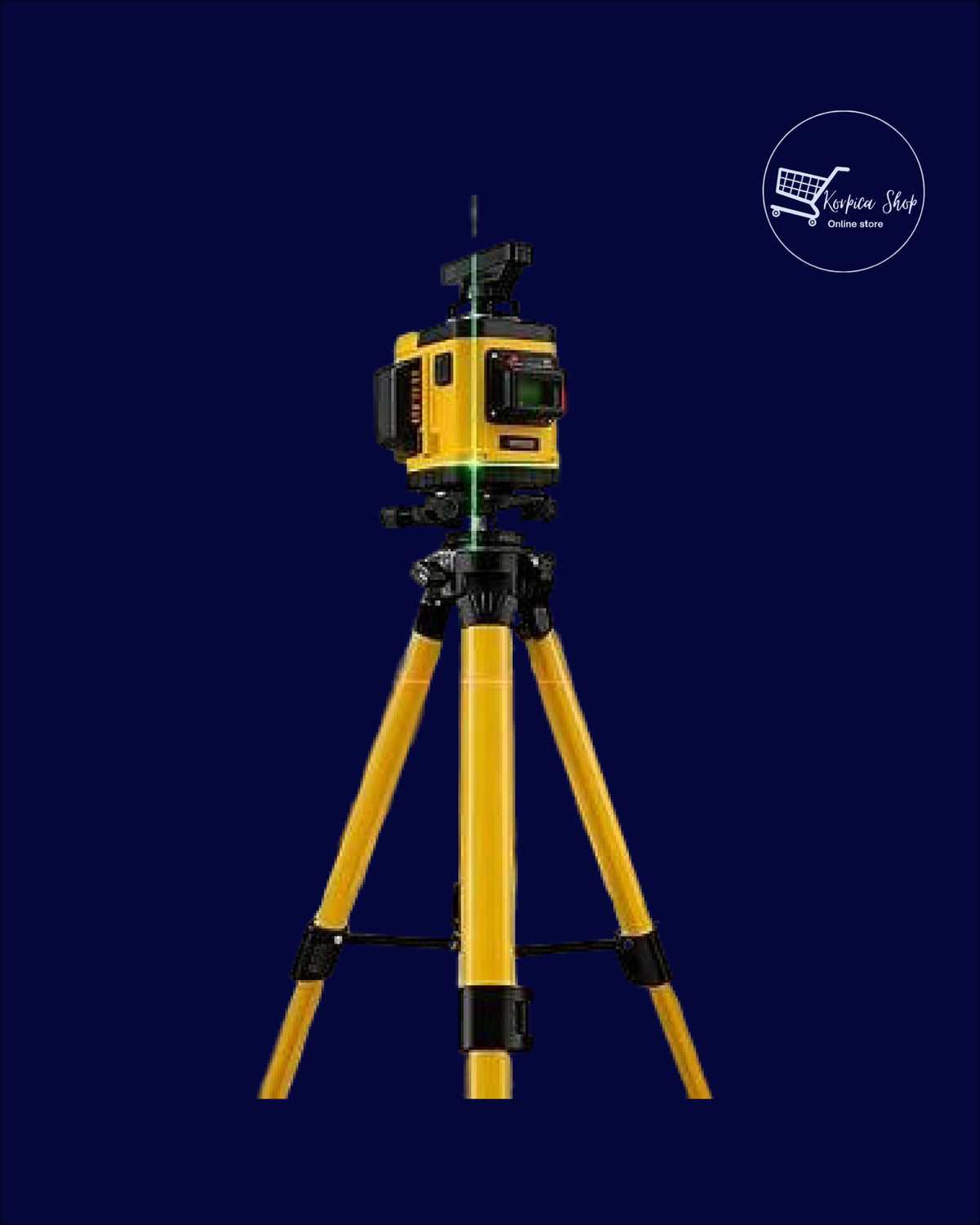Hanson 16-linijski laser na žutom stativu, prikaz na tamnoplavoj pozadini