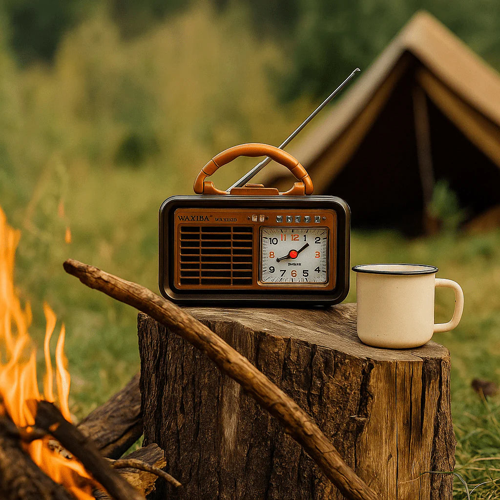 Retro radio sa satom na panju pored logorske vatre i šatora