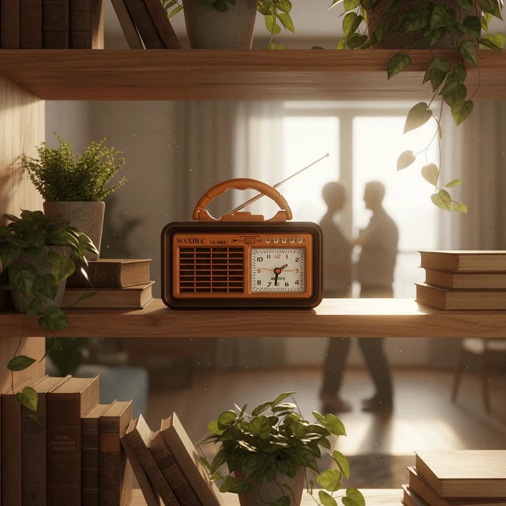 Radio sa satom u retro stilu na drvenoj polici dnevnog boravka