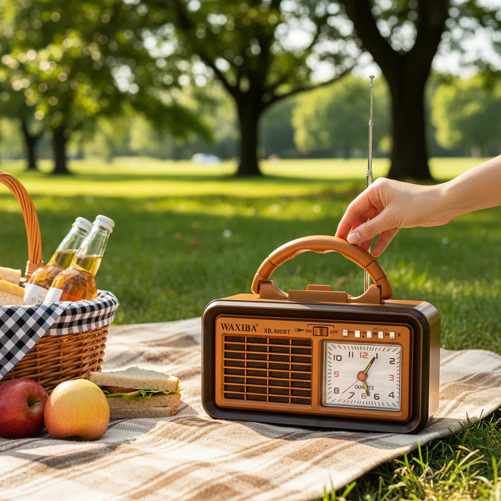 Ruka izvlači antenu retro radija na pikniku u parku