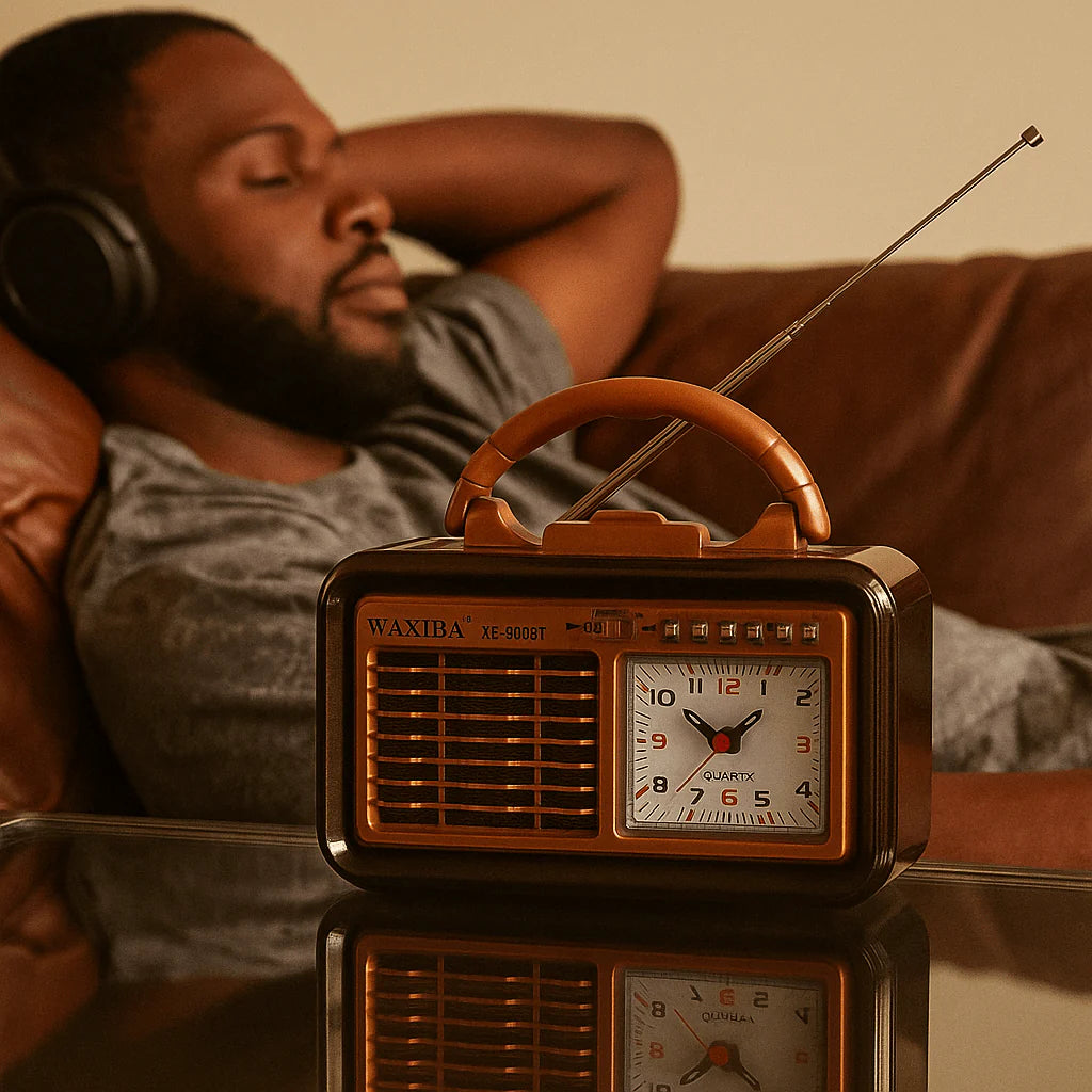 Muškarac se odmara na kauču uz retro prijenosni radio na stolu