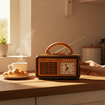 Retro radio sa satom na kuhinjskom pultu uz jutarnju kafu