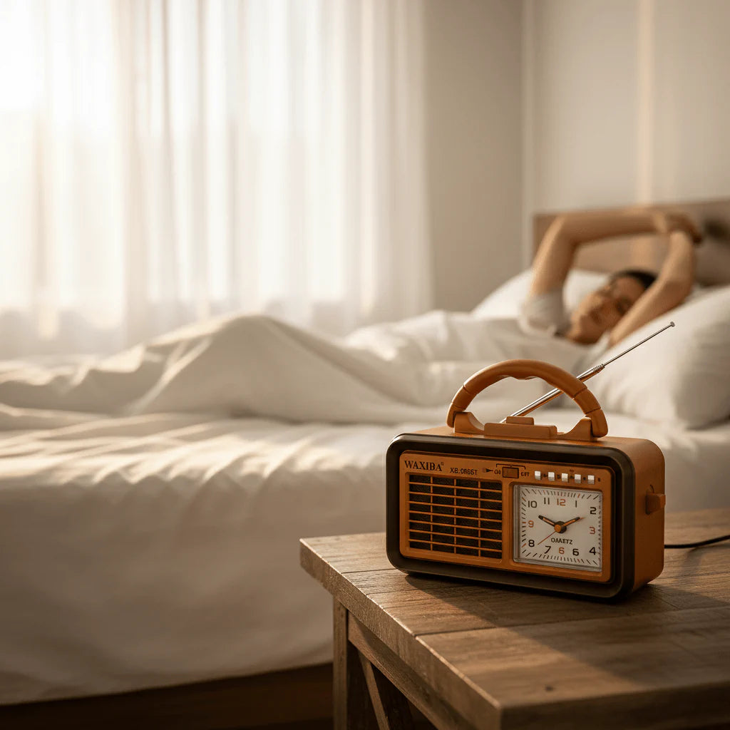 Retro radio sa satom na noćnom ormariću pored kreveta