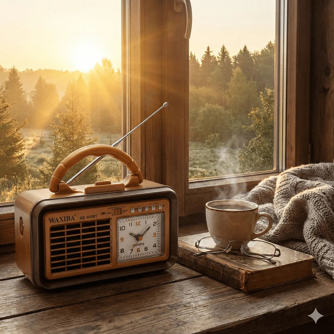 Retro prijenosni radio na prozorskoj dasci uz čaj i pogled na šumu