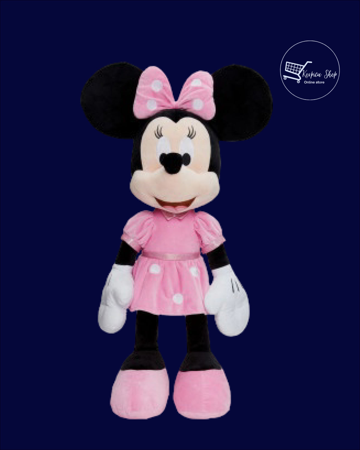 Velika plišana Minnie Mouse u roze haljini na tamnoj pozadini